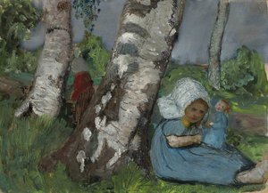 Kind met pop zittend bij een berkenstam door Paula Modersohn Becker